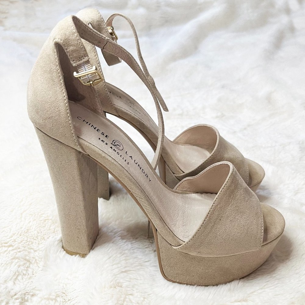 Chinese Laundry Beige Suede Platform Heels with Ankle Strap